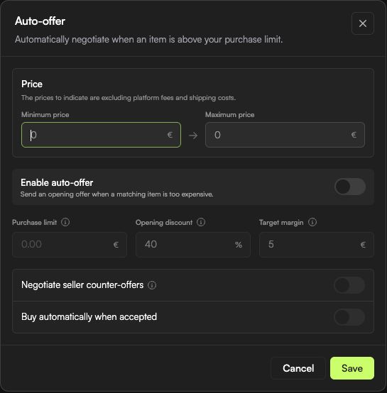 Paramètres Auto-offer dans le formulaire de filtre (interface en anglais). Activez Auto-offer pour configurer les options de négociation.