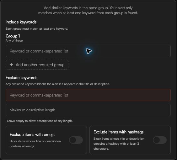 Ouvrez Mots-clés dans le formulaire de filtre pour ajouter des groupes requis, des mots-clés exclus et des critères de texte supplémentaires (interface en anglais ci-dessous).